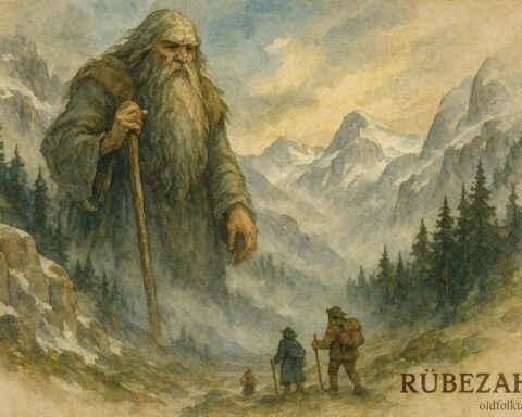 An illustration of Rübezahl, mountain spirit, guiding travelers in the Alps.