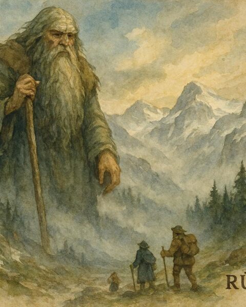 An illustration of Rübezahl, mountain spirit, guiding travelers in the Alps.