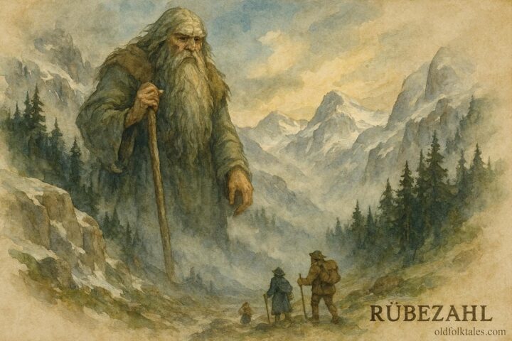 An illustration of Rübezahl, mountain spirit, guiding travelers in the Alps.
