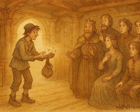 An artwork of Ash Lad in court surprising nobles, Norwegian folktale scene.