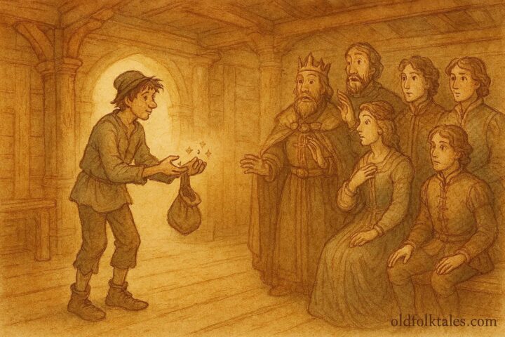 An artwork of Ash Lad in court surprising nobles, Norwegian folktale scene.