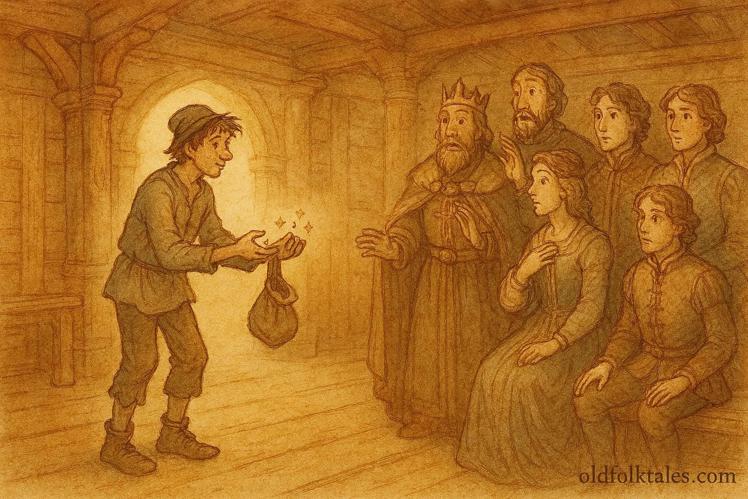 An artwork of Ash Lad in court surprising nobles, Norwegian folktale scene.