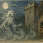 An illustration of the O’Brien family witnessing a wailing banshee, Irish folktale scene.