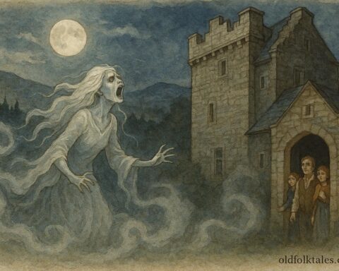 An illustration of the O’Brien family witnessing a wailing banshee, Irish folktale scene.