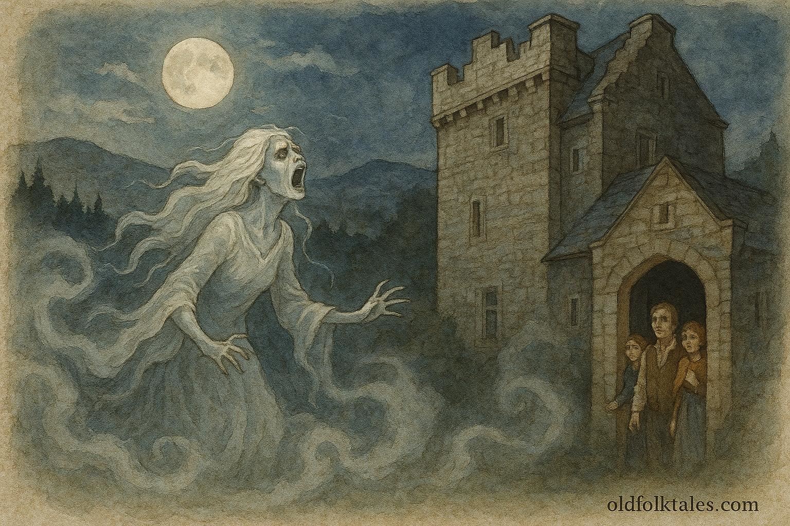 An illustration of the O’Brien family witnessing a wailing banshee, Irish folktale scene.