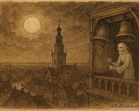 An illustration of ghostly bell ringer in Alkmaar church tower, Dutch folklore warning bells at night.