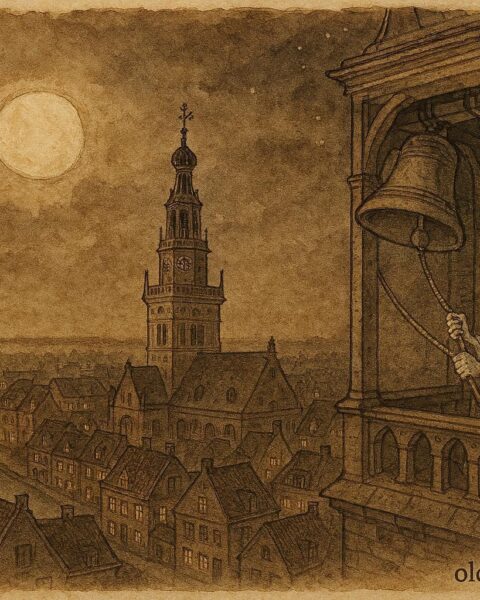 An illustration of ghostly bell ringer in Alkmaar church tower, Dutch folklore warning bells at night.