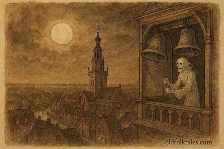An illustration of ghostly bell ringer in Alkmaar church tower, Dutch folklore warning bells at night.