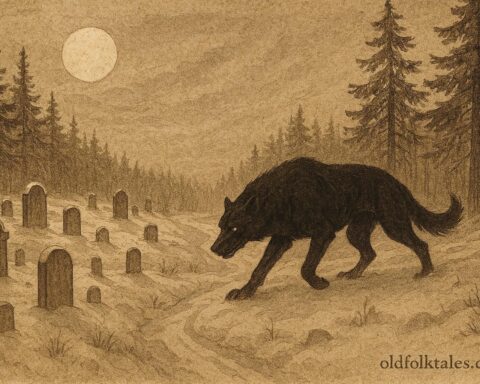 An illustration of a giant black dog in snowy Västerbotten graveyard, Swedish folklore scene.