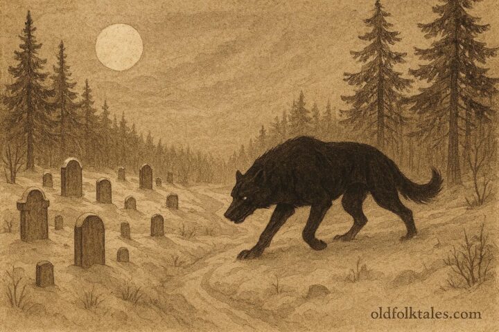 An illustration of a giant black dog in snowy Västerbotten graveyard, Swedish folklore scene.