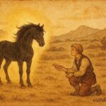 An artwork of Luka with an enchanted black horse in a Croatian valley, folklore scene.