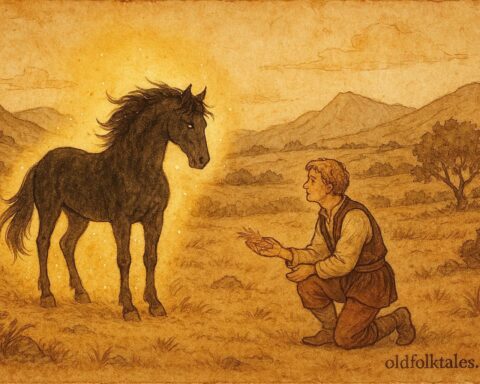 An artwork of Luka with an enchanted black horse in a Croatian valley, folklore scene.
