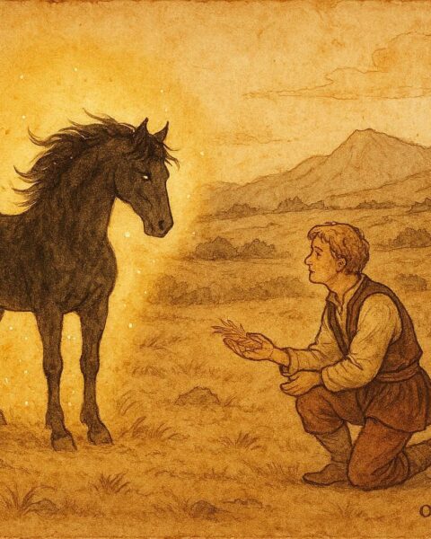 An artwork of Luka with an enchanted black horse in a Croatian valley, folklore scene.