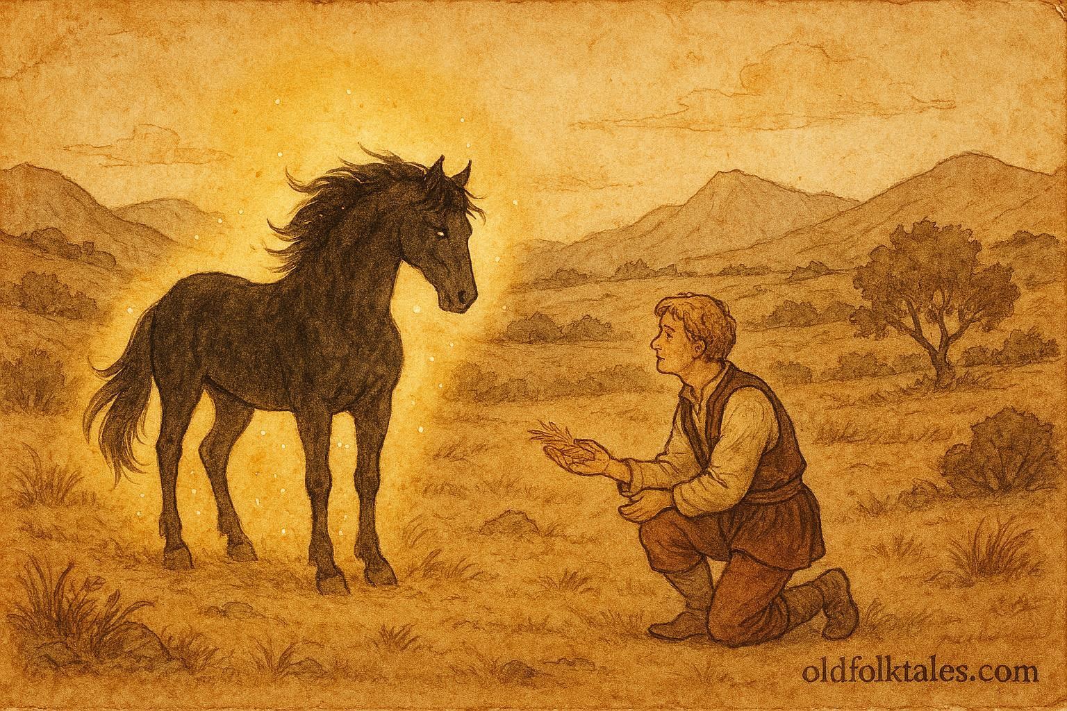 An artwork of Luka with an enchanted black horse in a Croatian valley, folklore scene.