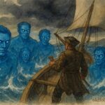 An illustration of Blue Men surrounding a ship, Scottish folktale sea scene.