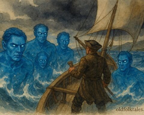An illustration of Blue Men surrounding a ship, Scottish folktale sea scene.