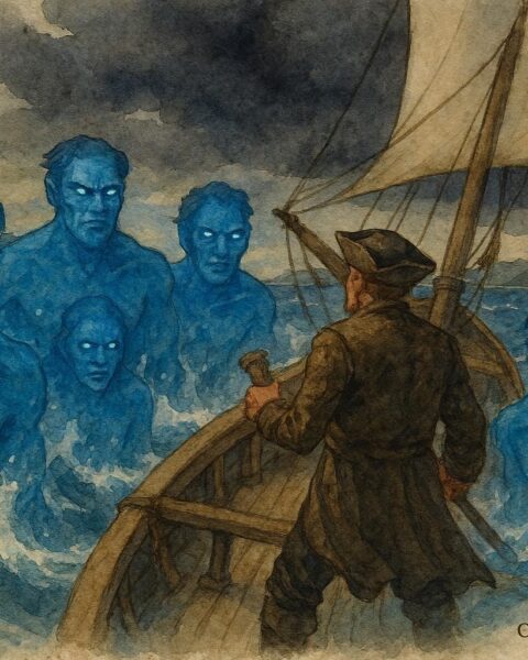 An illustration of Blue Men surrounding a ship, Scottish folktale sea scene.