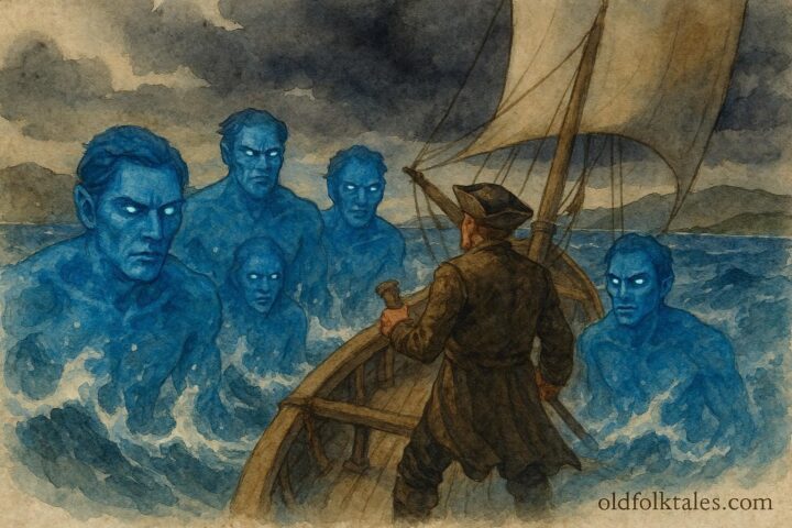 An illustration of Blue Men surrounding a ship, Scottish folktale sea scene.