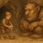 An artwork of boy tricking troll in cave, Norwegian folktale scene.