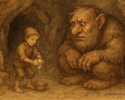 An artwork of boy tricking troll in cave, Norwegian folktale scene.