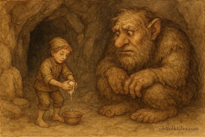 An artwork of boy tricking troll in cave, Norwegian folktale scene.