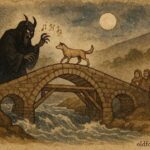 An artwork of a devil constructing a bridge over a raging Bulgarian river, villagers observing, with a dog crossing first.