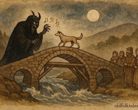 An artwork of a devil constructing a bridge over a raging Bulgarian river, villagers observing, with a dog crossing first.