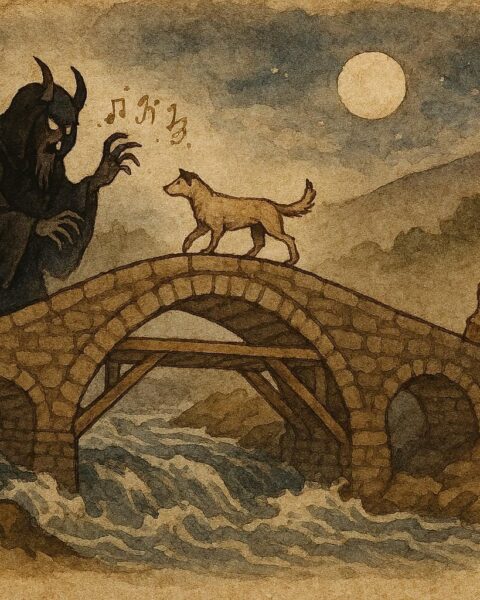 An artwork of a devil constructing a bridge over a raging Bulgarian river, villagers observing, with a dog crossing first.