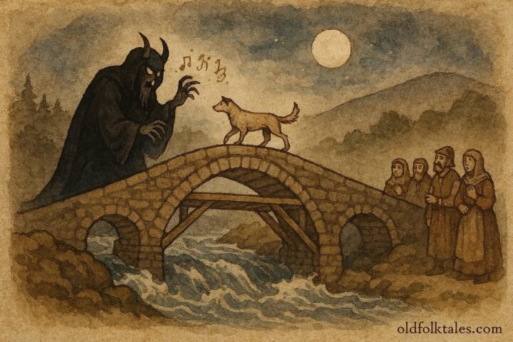 An artwork of a devil constructing a bridge over a raging Bulgarian river, villagers observing, with a dog crossing first.