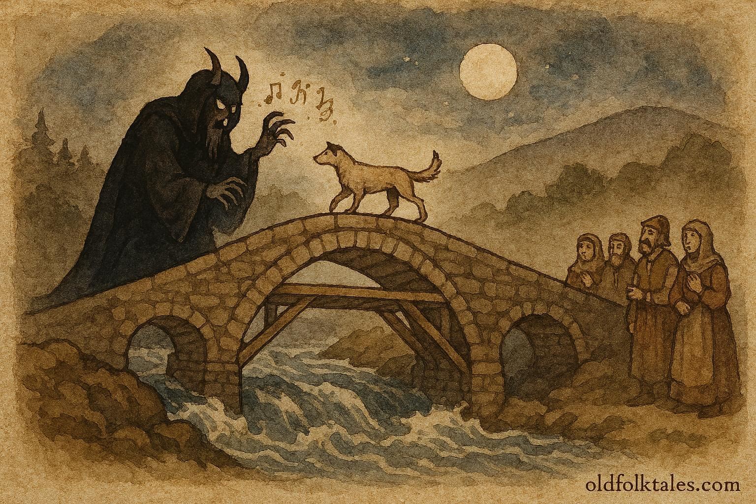 An artwork of a devil constructing a bridge over a raging Bulgarian river, villagers observing, with a dog crossing first.
