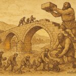 An artwork of Bosnian villagers and giants building a stone bridge across a river, folklore scene.