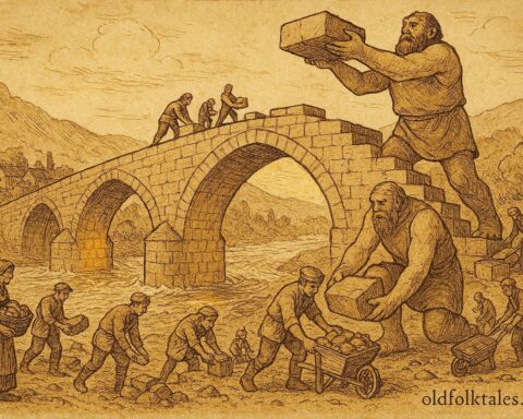 An artwork of Bosnian villagers and giants building a stone bridge across a river, folklore scene.