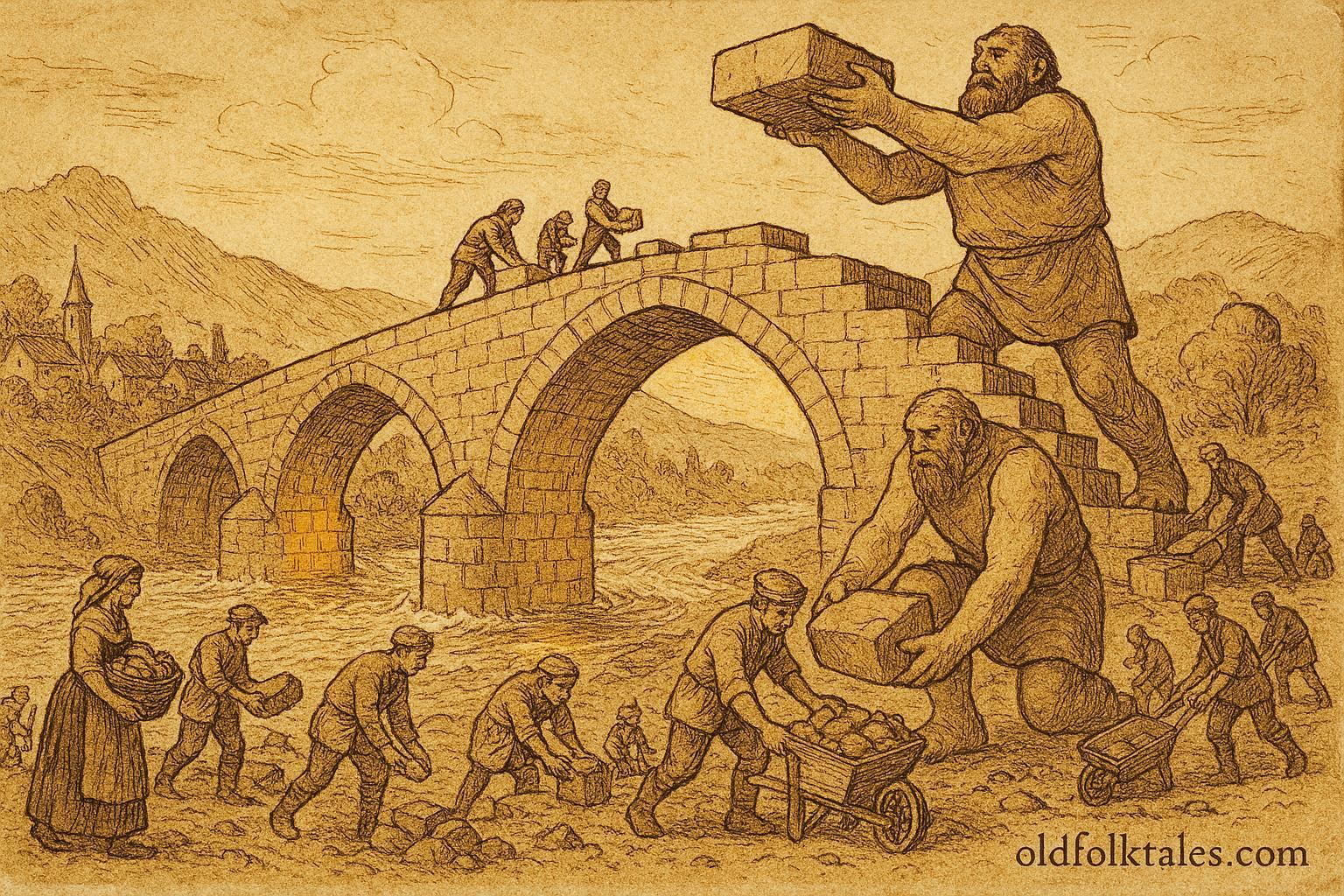An artwork of Bosnian villagers and giants building a stone bridge across a river, folklore scene.