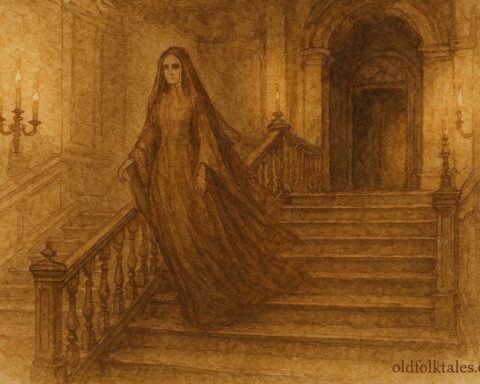 An illustration of Brown Lady ghost descending staircase in Raynham Hall legend.