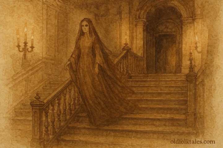 An illustration of Brown Lady ghost descending staircase in Raynham Hall legend.