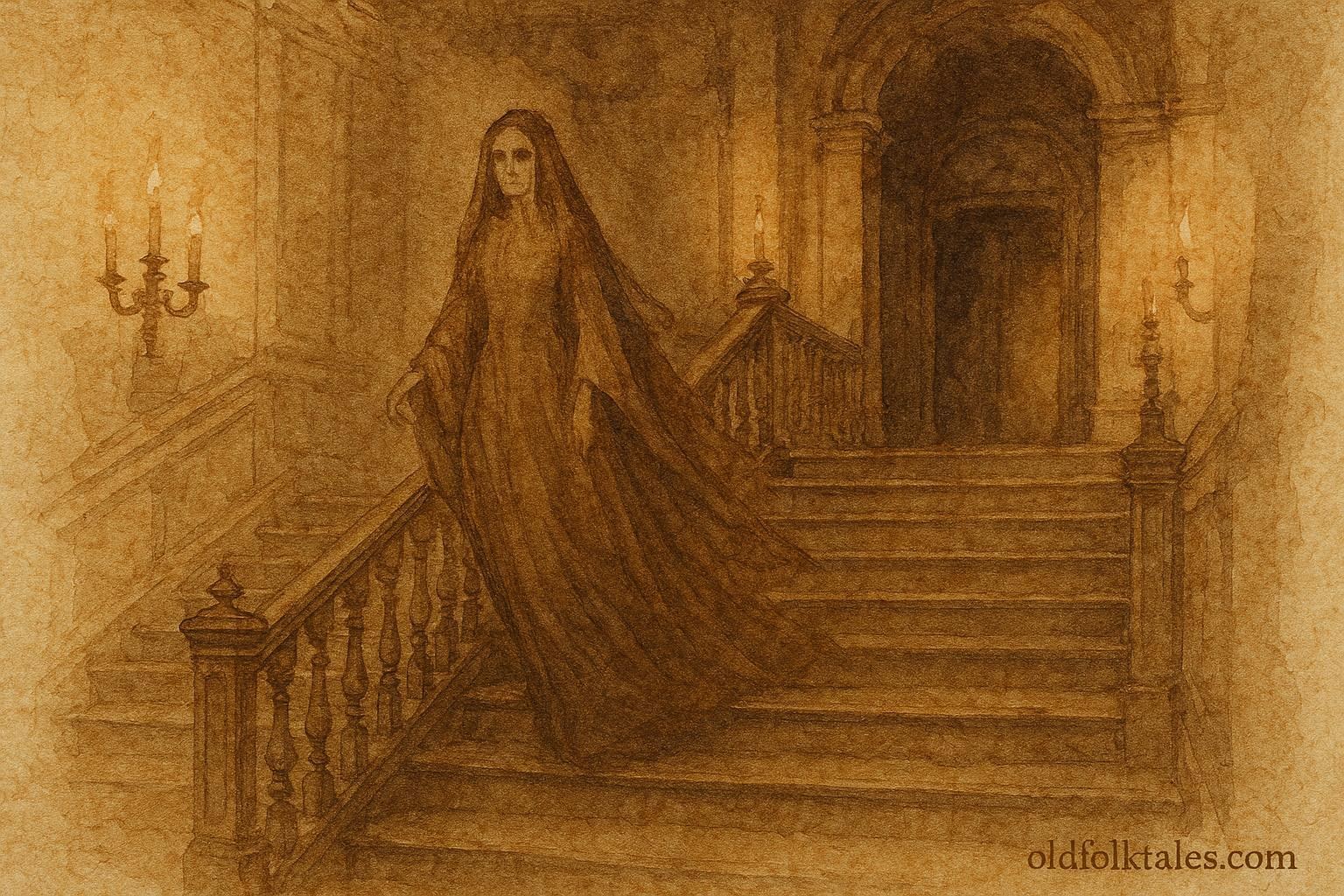An illustration of Brown Lady ghost descending staircase in Raynham Hall legend.