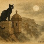 An illustration of a black cat guarding a Maltese coastal tower, folklore scene.