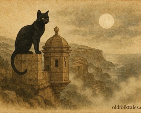 An illustration of a black cat guarding a Maltese coastal tower, folklore scene.