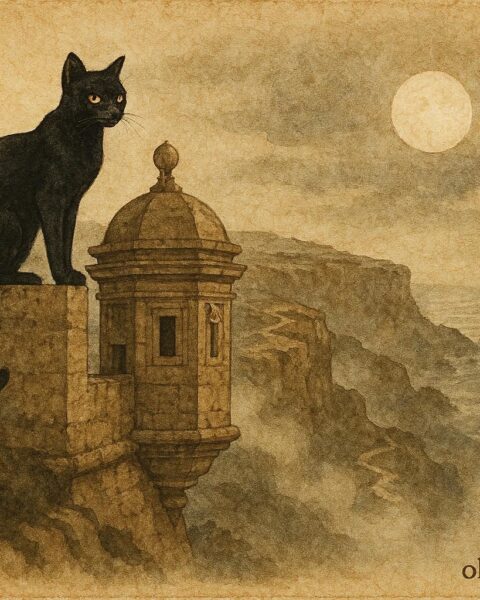 An illustration of a black cat guarding a Maltese coastal tower, folklore scene.