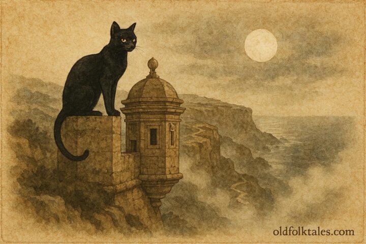 An illustration of a black cat guarding a Maltese coastal tower, folklore scene.