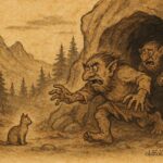 An artwork of trolls fleeing cave from small cat in Norwegian folklore scene.