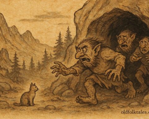 An artwork of trolls fleeing cave from small cat in Norwegian folklore scene.