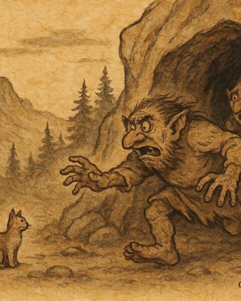 An artwork of trolls fleeing cave from small cat in Norwegian folklore scene.