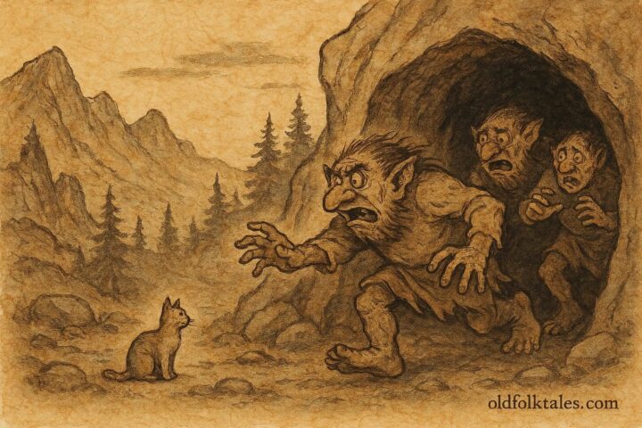 An artwork of trolls fleeing cave from small cat in Norwegian folklore scene.