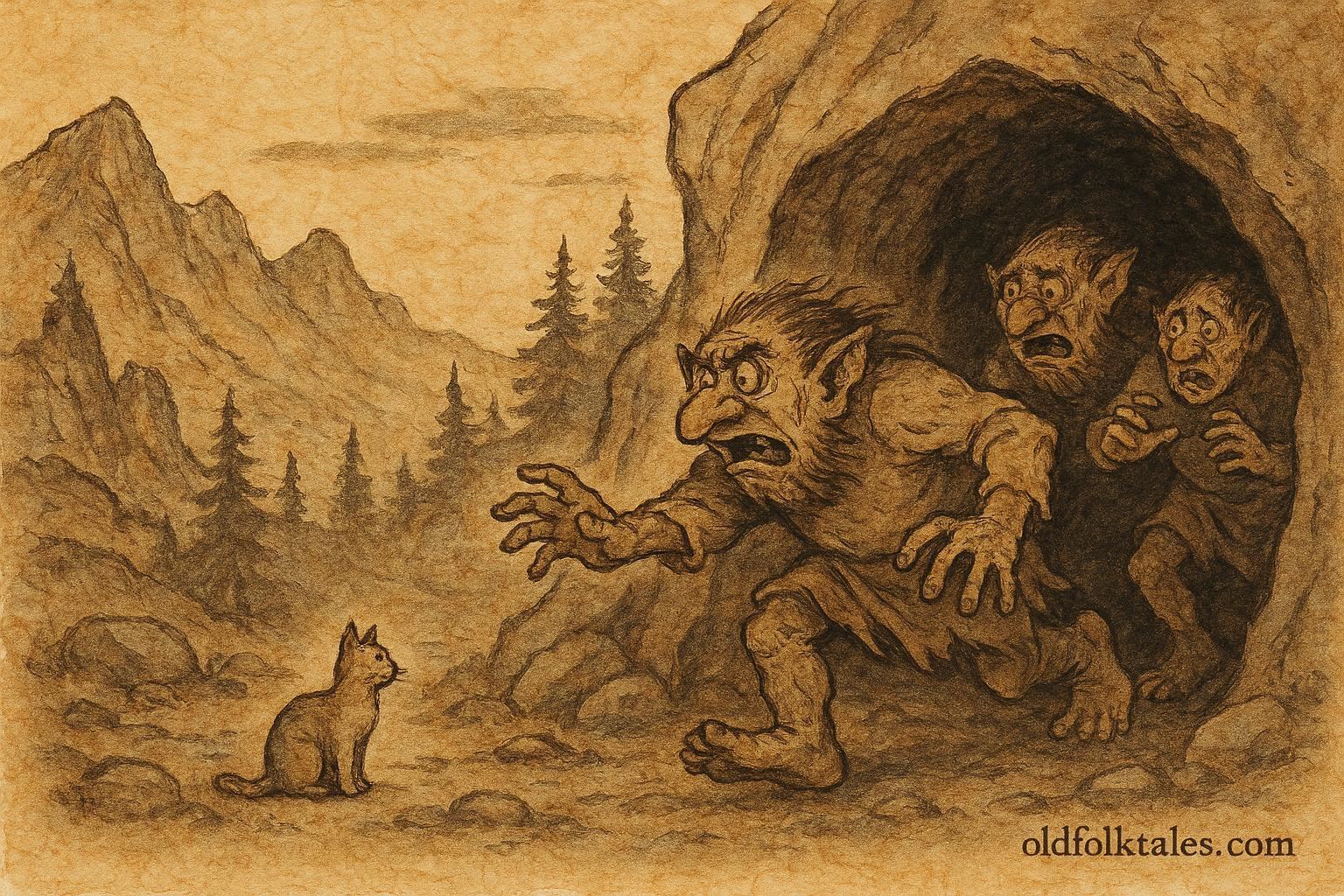 An artwork of trolls fleeing cave from small cat in Norwegian folklore scene.