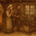 An artwork of Swedish parents revealing troll changeling in cottage, folktale scene.