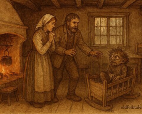 An artwork of Swedish parents revealing troll changeling in cottage, folktale scene.