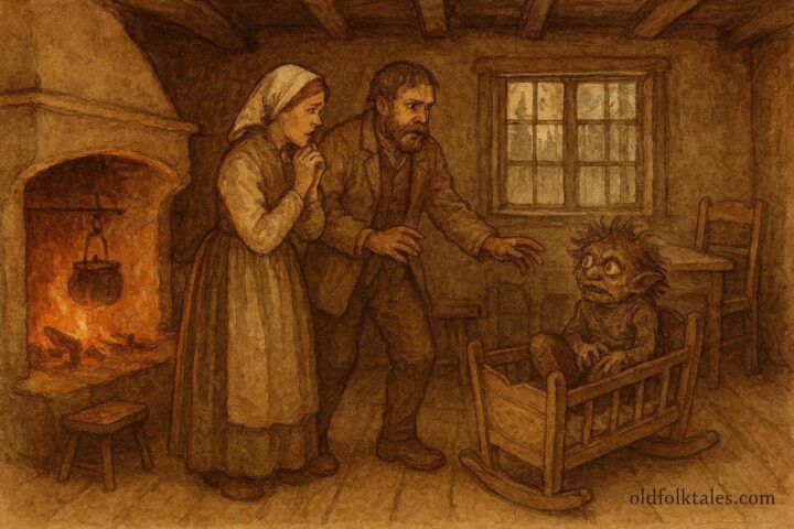 An artwork of Swedish parents revealing troll changeling in cottage, folktale scene.
