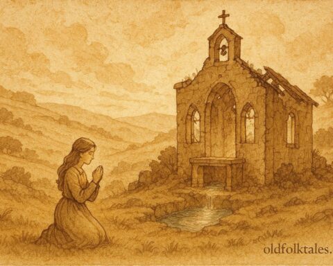 An illustration of a young woman praying at a hidden spring in a Maltese chapel.