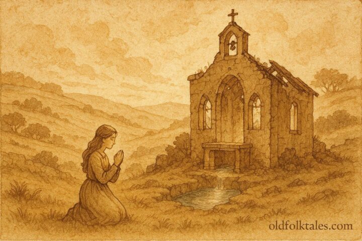 An illustration of a young woman praying at a hidden spring in a Maltese chapel.